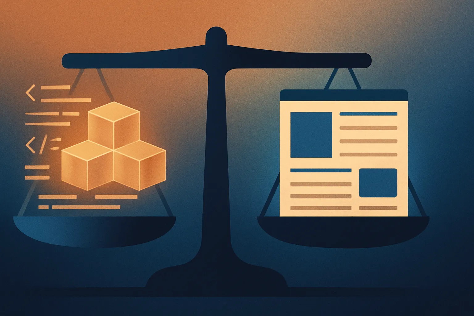 An abstract stylized balance scale balancing a block of clean code and a fluid article mockup.