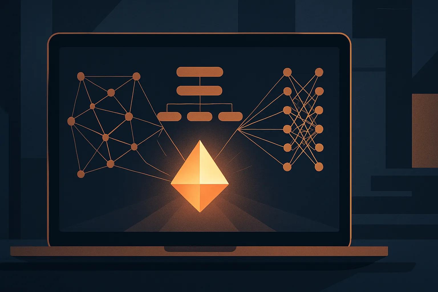 Schematic modern graphic showing three interconnected nodes representing SEO, AEO, and GEO.