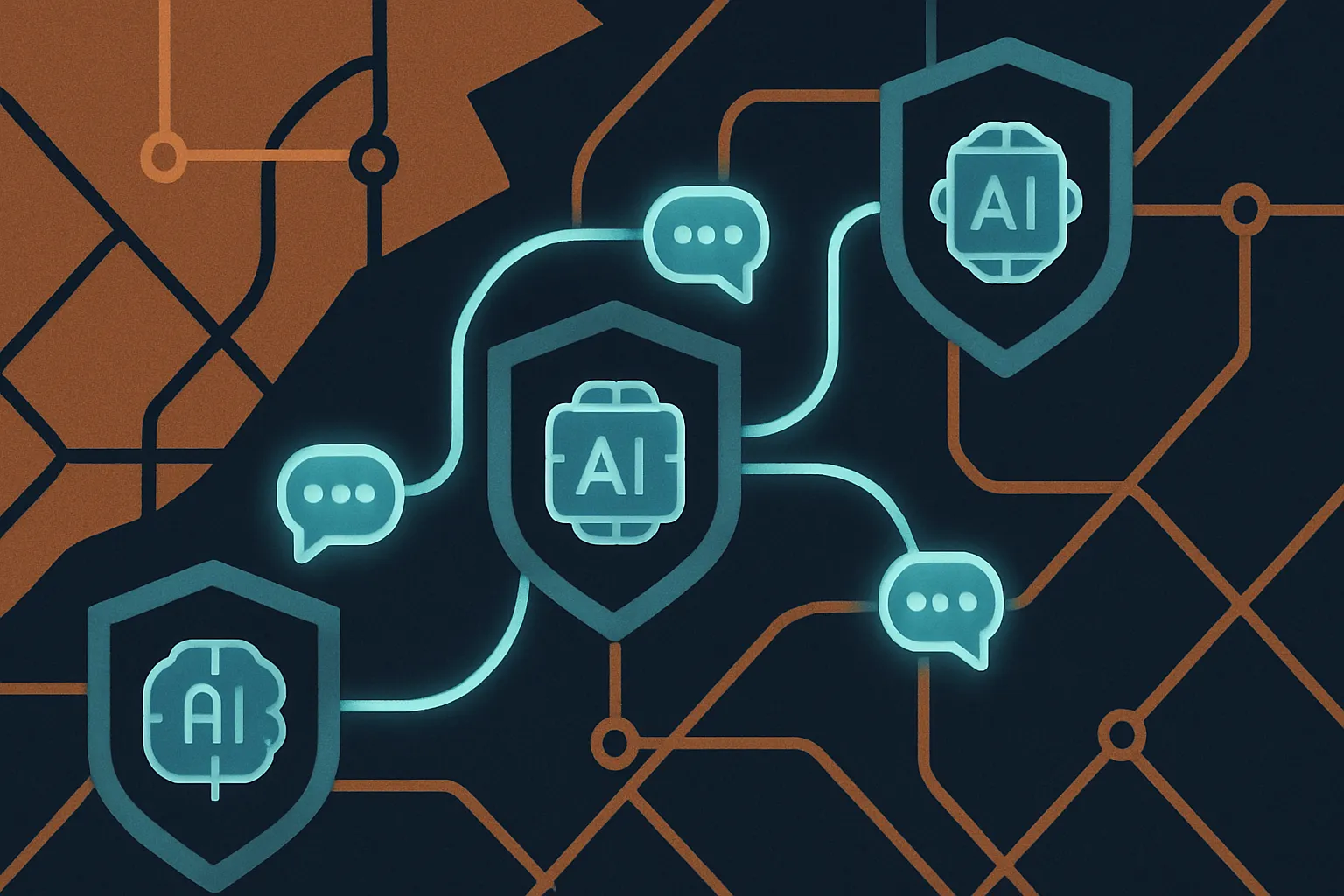 Abstract illustration showing map nodes connected to AI data flows.
