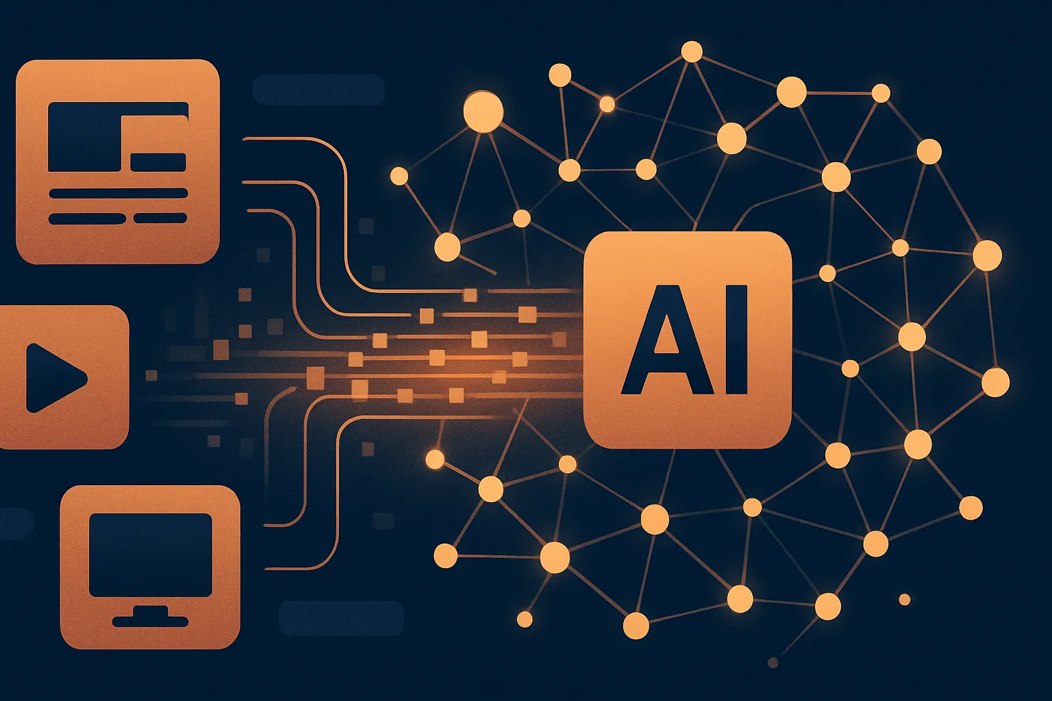 Abstract graph showing interconnected media citations feeding an AI engine.